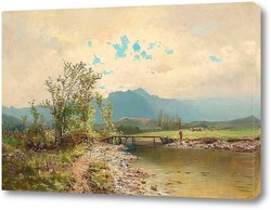   Картина Речной пейзаж с фигурой на мосту