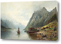   Постер Пейзаж фьорда с парусными лодками