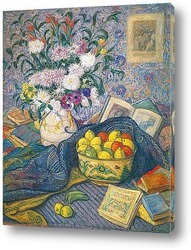   Постер Ваза, фрукты, книги