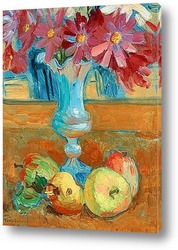   Постер Натюрморт с цветами в вазе и фруктами