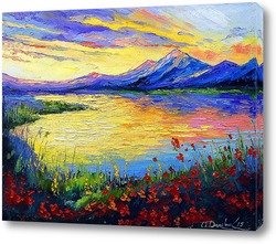   Картина Маки на берегу  озера у гор