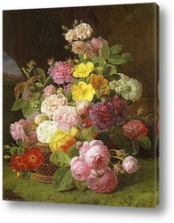   Картина Пионы,розы и другие цветы на выступе