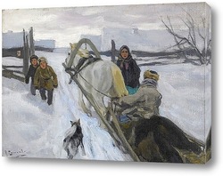  Зимняя сцена с лошадью с санями