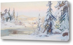  Картина Зимний пейзаж с видом на коттеджи