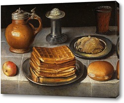   Постер Натюрморт с оловянными тарелками, каменной кружкой и вафлями