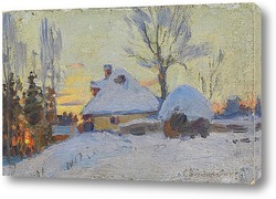   Постер Зимняя деревня на закате