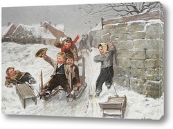    Зимняя сцена с мальчиками на санках