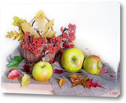   Постер Ягоды рябины в лукошке и яблоки