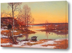   Картина Поздний зимний пейзаж на закате.