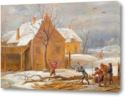   Постер Зимний пейзаж с видом на село с лесорубами