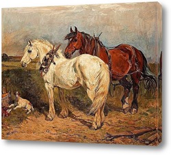   Постер Две рабочие лошадки и отдыхающая собака