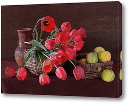   Постер Красные тюльпаны и зелёные яблоки