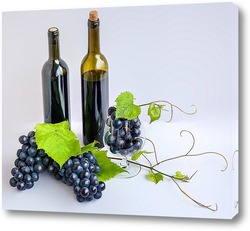   Постер Свежий виноград, бокал и бутылки