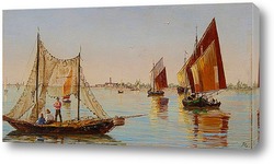   Картина Басино-ди-Сан-Марко в Венеции.Рыбаки на венецианской лагуне (пар