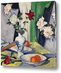   Постер Натюрморт с розами в бело голубой вазе
