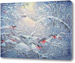   Картина снегири в лесу