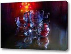   Постер Натюрморт со стеклянными, прозрачными предметами на темном фоне с крансными бликами