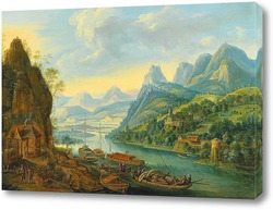   Постер Речной пейзаж с горами