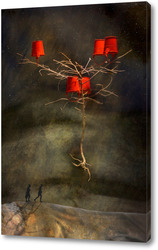   Постер Дерево с красными ведрами над дорогой дальней