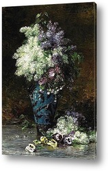   Картина Натюрморт сирень, анютины глазки и других цветов в фарфоровой вазе  