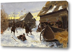  Картина Военное сражение в снежной деревне