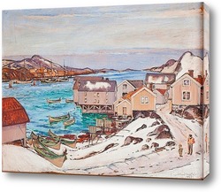   Картина Рыбацкая деревня в зимний период.