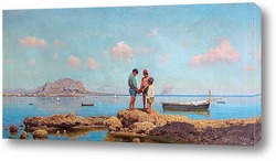   Постер .Дети на рыбалке в заливе Палермо, на фоне горы Пеллегрино