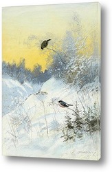   Постер Снегири в зимнем пейзаже