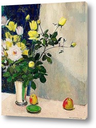   Постер Натюрморт с розами и яблоками.