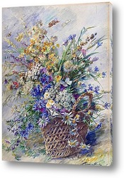   Постер Корзина с полевыми цветами и две бабочки