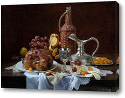   Постер натюрморт с курицей -гриль , фруктами и вином в красивом кувшине