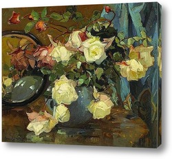   Картина Розы в голубой вазе на столе с зеркалом