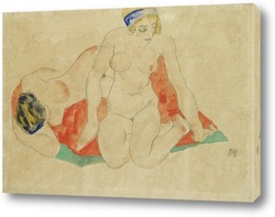   Постер ЛЕЖАЩАЯ и СИДЯЩАЯ женщина ню на красной и зеленой ткани