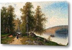   Картина Березы на берегу озера в летнее время