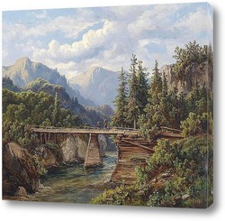   Постер Деревянный мост о горном потоке в 1861