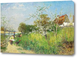    Пейзаж с женщиной, птицами и цветущими фруктовыми деревьями