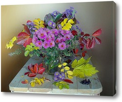  Букет из осенних листье и цветов в корзинке