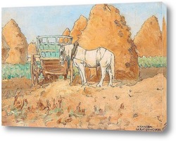   Постер Белая лошадь и стога сена, сцена из Ла Ру,недалеко от Парижа