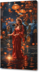   Постер «Грация над водой: Девушка в красном платье и воздушные свечи»