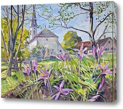  Картина Весенние цветы на фоне церкви
