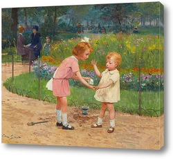 Двое детей собирают цветы