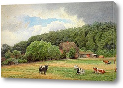   Постер Ферма с пасущимися коровами