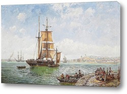   Картина торговый бриг дрейфует в гавани