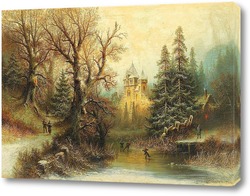   Постер Романтический зимний пейзаж с фигурными коньками у замка
