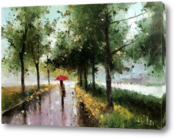   Картина Сентябрь. Аллея. Красный зонтик