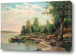   Картина Вид на озеро с рыбалкой человека в лодке.