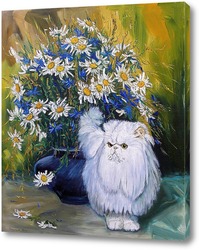   Постер Белый кот и букет ромашек 