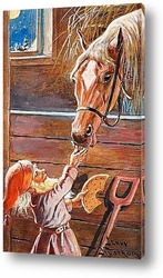   Картина Санта-Клаус кормление лошадив конюшне