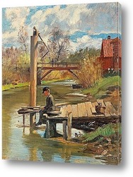   Постер Мальчик ловит рыбу