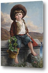    Изображение крестьянского мальчика с корзинкой винограда